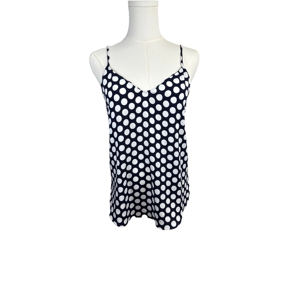 J. Crew Cami Spaghetti Strap Navy Blue White Polka Dot V-Neck Loose Top Size 0.
